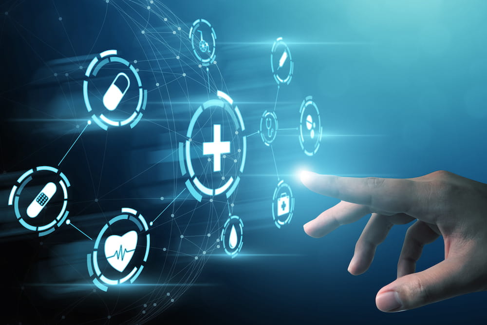Hand with extended finger about to touch what appears like a hologram touch screen